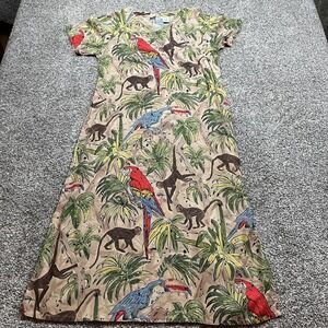 La Cera Dress Womens Small Tan Tropical Parrot Monkey Print Rayon Maxi Summer